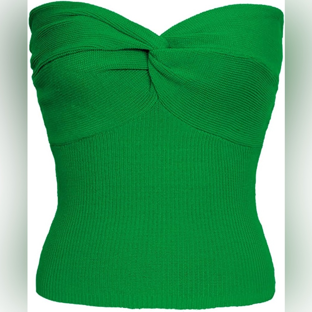 Vibrant Green Twist Front Strapless Crop Top Sweetheart Neck Ribbed Knit Top LG‎